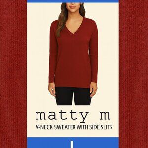 Matty M Women's V-Neck Pullover Sweater With Side Slits , Brick, L